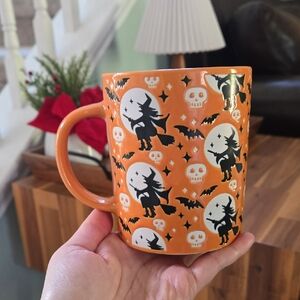 Orange Halloween Mug with Witch and Skull Design, EUC Like New